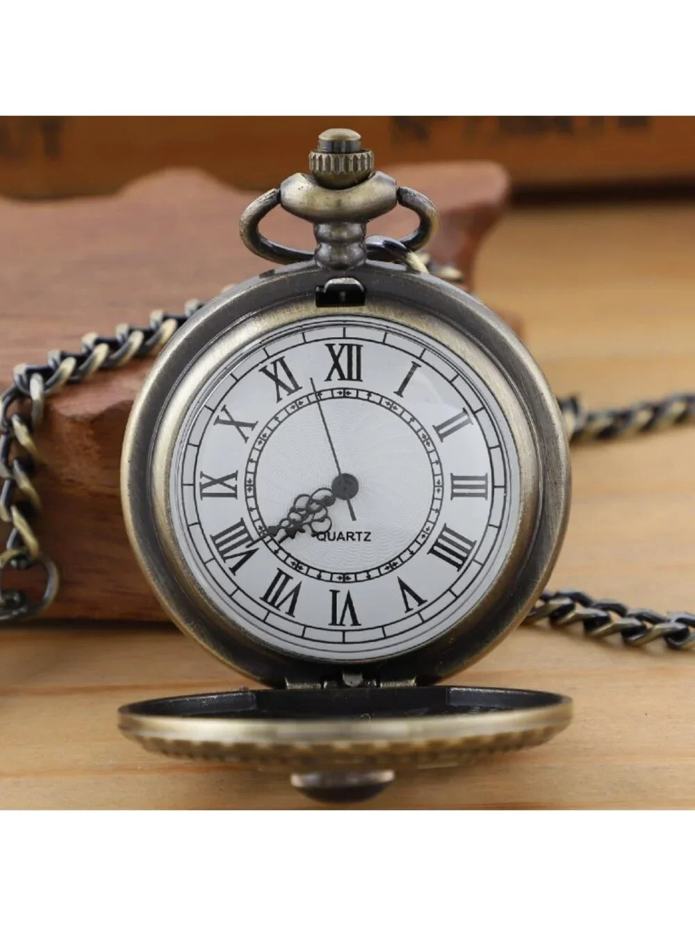 Men's Brown And Gold Analog Quartz Arabic Numeral Moon Phase Chain Pocket Watch